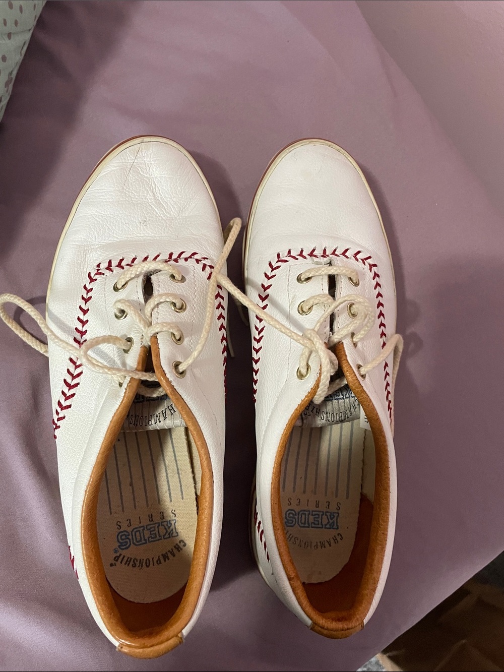 Keds women’s White Sneakers with Red Stitching and Tan Trim